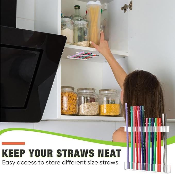 Baderke Straw Holder for Cabinet Reusable Straw Organizer with Double Sided Adhesive Tape Screws Storage Container for Kitchen Counter Cupboard(Clear,Novel)