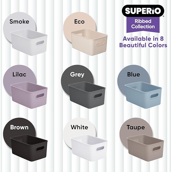 Superio Ribbed Collection - Decorative Plastic Basket Open Home Storage Bins Organizer, Medium Taupe (4 Pack) Container Boxes for Organizing Closet Storage Bins for Shelves Drawer Shelf 5 Liter
