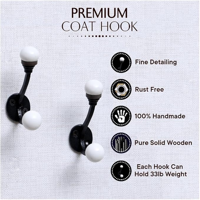 Indian Shelf Pack of 12 Double Prong White Decorative Coat Hooks Unique Coat Rack Wall Mount Ceramic Wall Hooks for Hanging Towel Holder Backpack Purse Hanger- Style 2