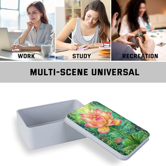 Metal Tin Box with Lid,Multi-functional Storage Box Can Store Tea Biscuits Game Cards, Playing & Tarot Cards-Comes with 4 Magnetic Cord Clips,Lotus Flower Art