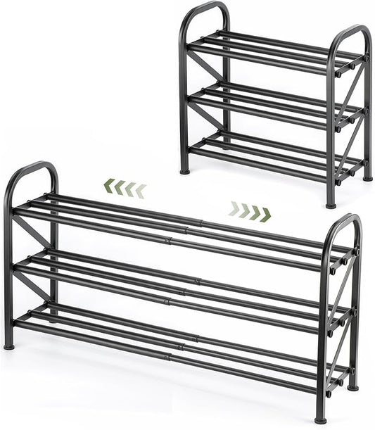 3-Tier Shoe Rack for Closet, 16"-32" Expandable ShoeRackAdjustable for Entryway Closet Doorway SturdyMetal, Black