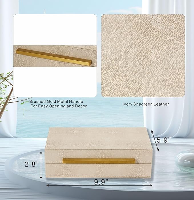 Sagala Ivory Shagreen Decorative Small Box With Gold Handle, Faux Leather Jewelry Storage Boxes For Memory Home Organizer(Ivory-Gold, 1pack)