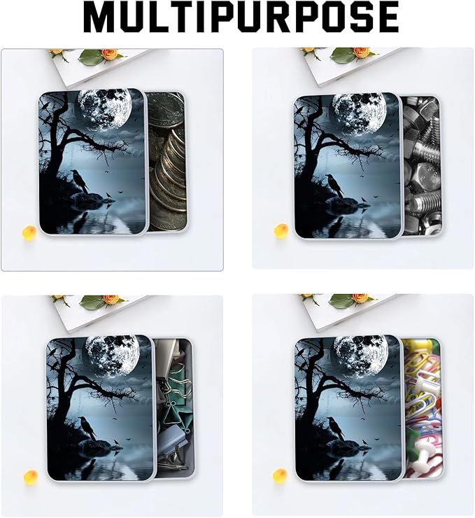 Metal Tin Box with Lid,Multi-functional Storage Box Can Store Tea Biscuits Game Cards, Playing & Tarot Cards-Comes with 4 Magnetic Cord Clips,Raven Moonlight Scene