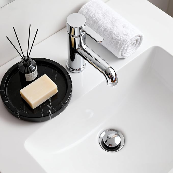 Natural Marble Tray for Rings and Jewelry Dish, 5.91 inch Round Decorative Tray for Kitchen, Vanity, Bathroom,Dressing Table, Bedside Table, Home Decor, Black (NS028)