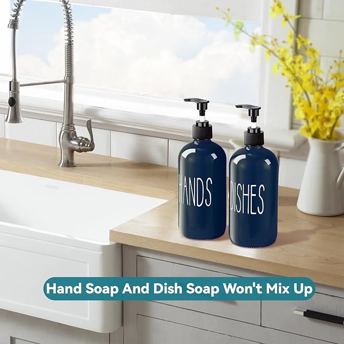 Glass Soap Dispenser Set 2 Pack,16 Oz Dish Soap Dispenser for Kitchen Sink,Blue Kitchen Accessories and Kitchen Decor,Blue Decorations and Kitchen Utensils for Kitchen