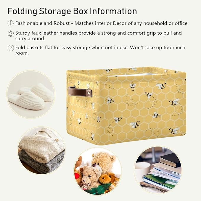 AUUXVA Storage Basket Yellow Bee Storage Cube Box Set of 2 Durable Canvas Collapsible Toy Basket Honeycomb Beehive Organizer Bin with Handles for Shelf Closet Bedroom Home Office