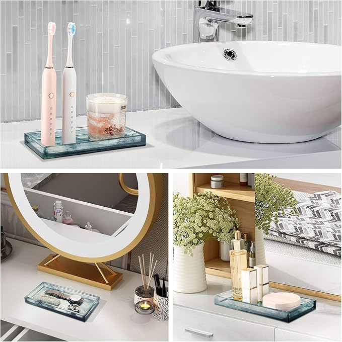 Emibele Jewelry Organizer Resin Tray, Bathroom Kitchen Dresser Vanity Organizer for Jewelry Cosmetic Shower Tissue Candle Perfume Soap Towel Shampoo Small Plant Decoration, Mini Size, Ink Blue