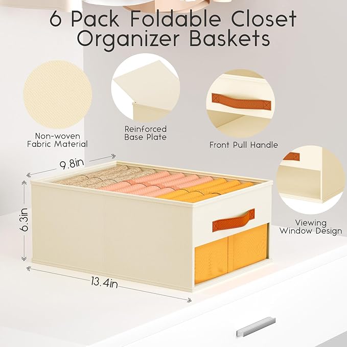 Drawer Organizers and Storage - 6 Pack Foldable Pants Organizer with Clear Window & Handles, Fabric Closet Organizer for Clothes, Jeans, Sweaters, Towels, T-shirt, Scarf (Beige)