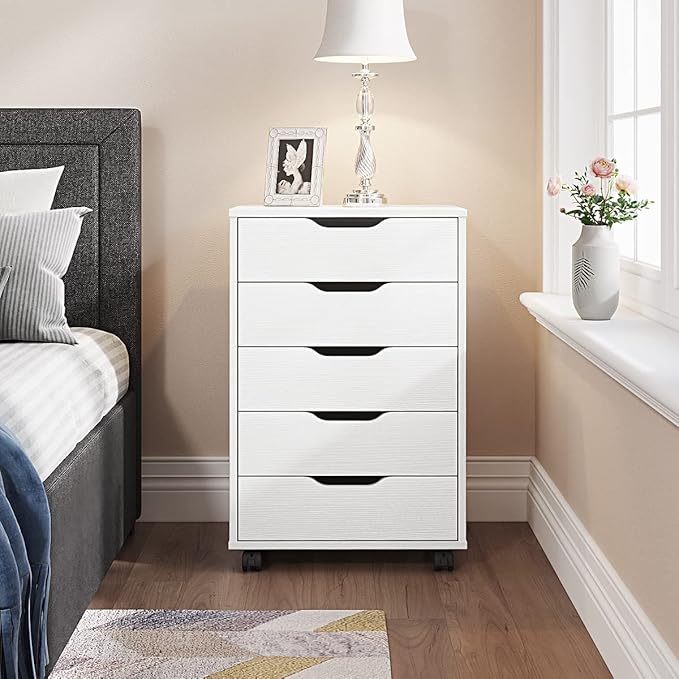 Panana 5/7 Drawer Chest, Wooden Tall Dresser Storage Dresser Cabinet with Wheels, Office Organization and Storage, Bedroom Furniture (White, 5 Drawer)