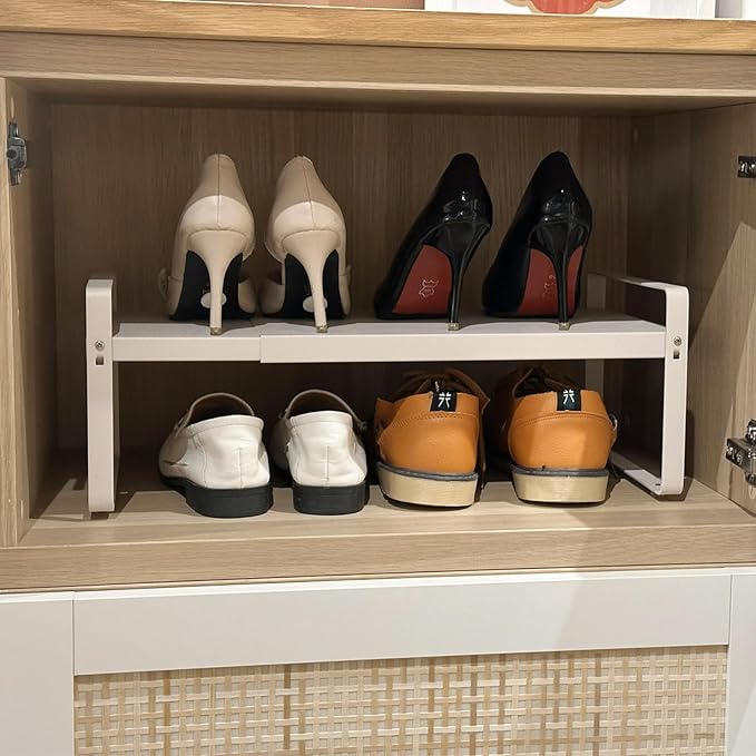 Set of 2 White Kitchen Countertop Shelves, Expandable Cabinet Shelf Organizers, Stackable Metal Pantry Storage Shelves for Spice Rack, Cupboard