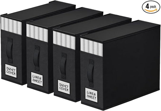 4 Pack Bed Sheet Closet Organizers and Storage,Sturdy Foldable Storage Containers with Window and Label,Storage and Organization for Bedding Sheets,Duvet Covers,Blankets (Black)