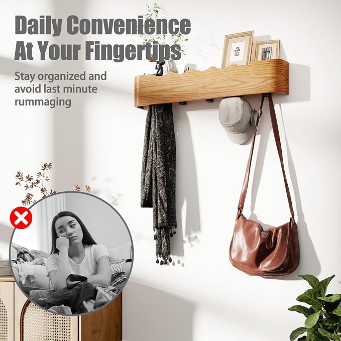 Coat Rack Wall Mount with Shelf 8 Hidden Hooks Modern Wooden Key Holder Entryway Organizer for Hallway Bedroom Bathroom Home Decor Storage for Hanging Coats Hats Bags Towels, Wave-Shape Oak