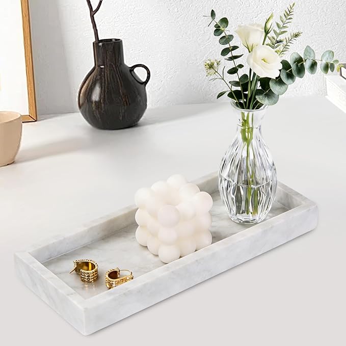 Natural Marble Tray, Stone Tray for Bedroom/Bathroom/Kitchen/Vanity Countertop, Jewelry Tray for Rings Earrings Necklace Bracelet Watch, Room Decor Aesthetic