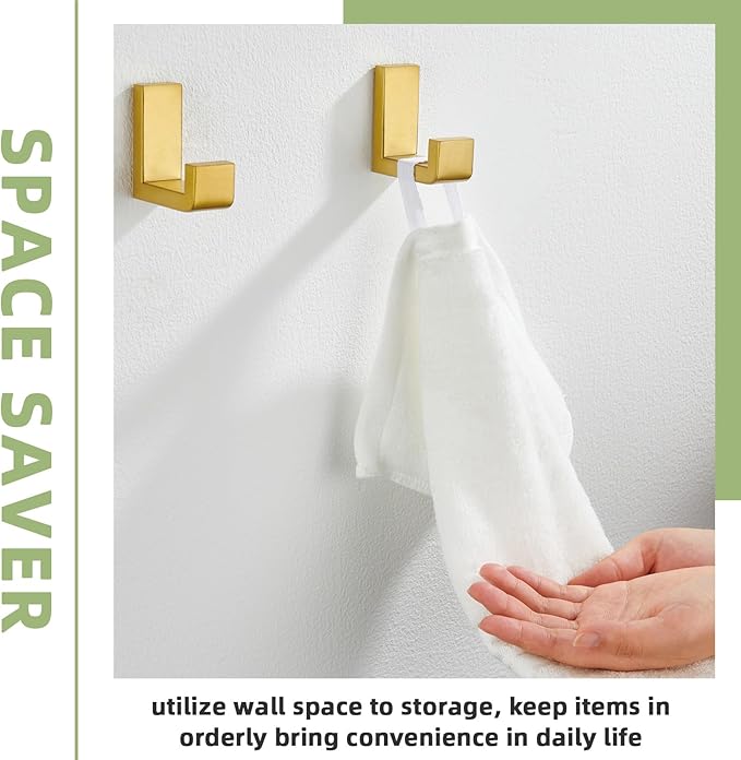 APLusee L Shape Bath Towel Hook 2 Pack, 304 Stainless Steel Coat Holder, Wall Mounted Storage Hanger for Bathroom Kitchen, Brushed Gold
