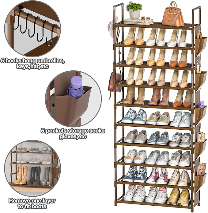 Tall Shoe Rack - 10 Tier Organizer for Closet, 30-35 Pairs, Large Capacity with 5 Hooks and Side Pocket, Sturdy Metal Shoe Shelf, Vertical Shoe Stand Tower