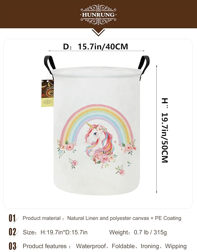 HUNRUNG Laundry Hamper,Large Canvas Fabric Lightweight Storage Basket Toy Organizer Dirty Clothes Collapsible Waterproof for College Dormsï¼Round-Rainbow Unicornï¼