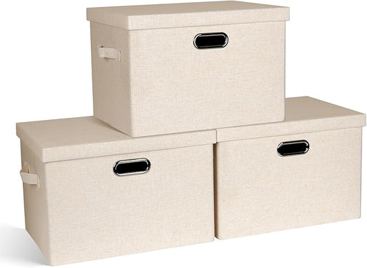 Large 17" 36 Quart Collapsible Stackable Storage Bins with Lids, 3 Packs Light Orange Linen Fabric Closet Boxes with Lids, Storage Cube Baskets Container Organizers for Office (17x12x11)