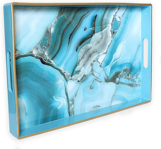 Spsyrine Decorative Tray, Plastic Marble Serving Tray with Handles for Breakfast, Ottoman, Coffee Table, Bathroom, Kitchen, Living Room 15.6â X 10.2"