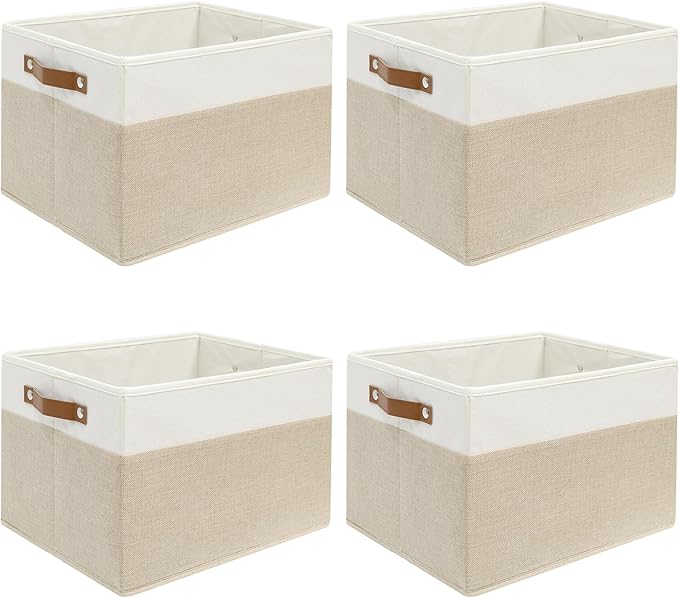4 Pack Large Fabric Storage Baskets for Shelves , Closet Storage Bins for Shelves, Fabric Baskets for Organizing with Handles for Home organization and Storage (White with Beige,15"L*13"W*13"H)