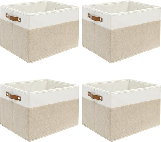 4 Pack Large Fabric Storage Baskets for Shelves , Closet Storage Bins for Shelves, Fabric Baskets for Organizing with Handles for Home organization and Storage (White with Beige,15"L*13"W*13"H)