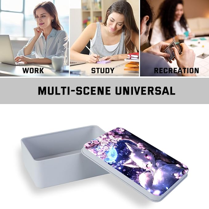 Metal Tin Box with Lid,Multi-functional Storage Large Box Can Store Tea Biscuits Game Cards, Playing & Tarot Cards-Comes with 4 Magnetic Cord Clips,White Fox Cherry Tree