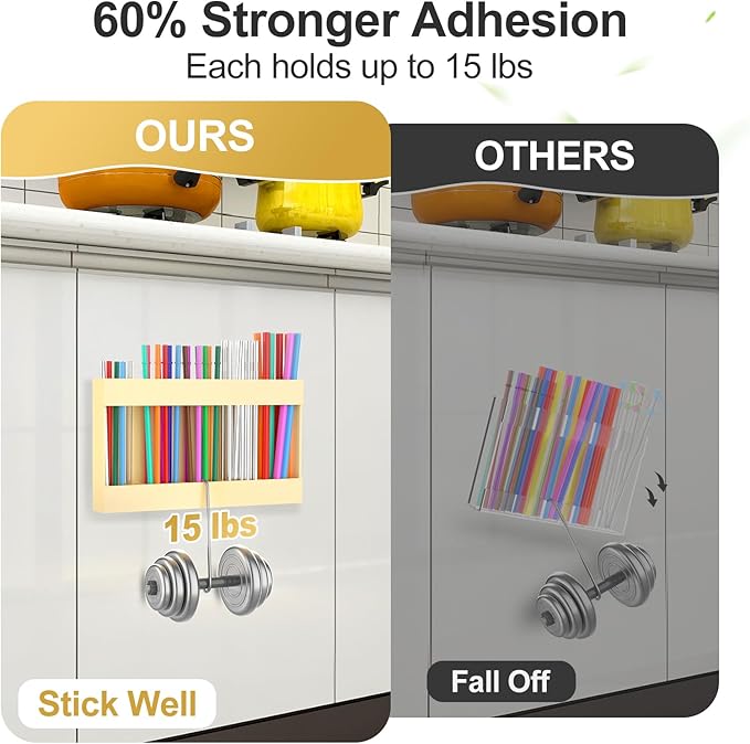 2 Pack 9.5” Large Acrylic Straw Holder for Cabinet Door with Detachable Ultra Sticky Adhesive Squares and Stickers, 2026 Reusable Straws Organizer Storage Dispenser for Kitchen Counter Cupboard