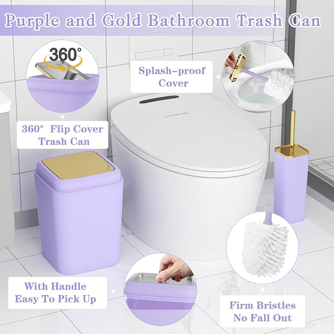 Bathroom Set - Purple Bathroom Sets with Shower Curtain and Rugs, 24PCS Shower Curtain Set with Hooks, Soap Dispenser, Soap Dish, Toilet Brush Holder and Trash Can for Housewarming