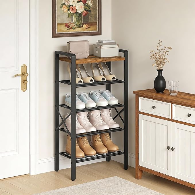 5-Tier Narrow Shoe Rack, Tall Shoe Rack for 5-10 Pairs, Slim Shoe Storage Organizer with Wooden Top, Space Saving, Metal Frame, for Entryway, Rustic Brown and Black SS65BR