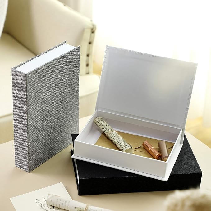 Tioncy 3 Pcs Fake Book Box Neutral Linen Book Box Decorative Faux Prop Storage for Farmhouse Home Decor shelf Table Card Photo DIY Keepsake Gift(Multi Sizes,Black, White, Dark Gray)