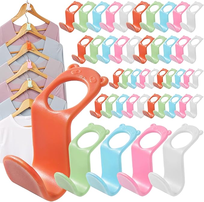 SLMT 50PCS Space-Saving Hanger Connector Hooks, Closet Organizer Extender for Plastic, Velvet, Wooden, Wire & Heavy Duty Clothes Hangers, Universal Fit (Multi-Color)