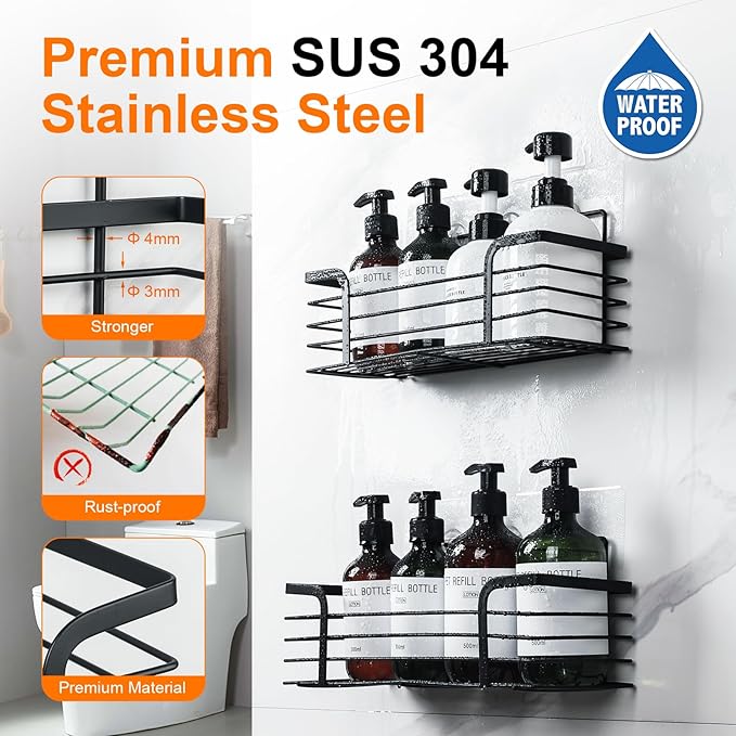 Ibergrif 2 Pack Black Bathroom Shelf Organiser, Shower Caddy M34036B - Rustproof, Waterproof, High Load-Bearing, Easy Installation