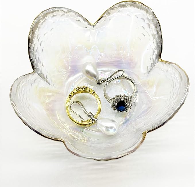 Flower Ring Dish Jewelry Tray, Glass Jewelry Dish Tray, Aesthetic Room Decor Small Trinket Dish, Nightstand Jewlery Ring Holder Dish, Bathroom Jewelry Plate Bowl for Rings Earrings Gift (White)