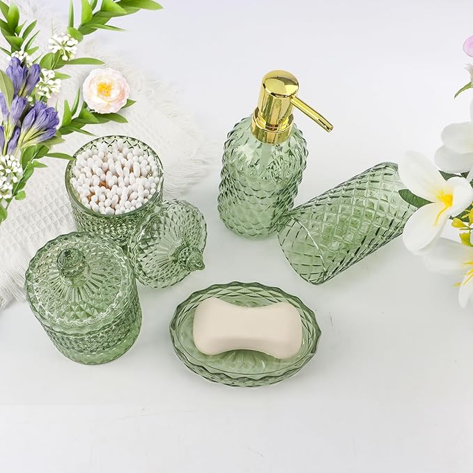 5Pcs Glass Bathroom Accessories Set,Green Vintage Bathroom Accessory Set, Bathroom Counter Sink Toothbrush Holder Set Includes Hand/Lotion Soap Dispenser & Tumbler & Soap Dish & Qtip Holders
