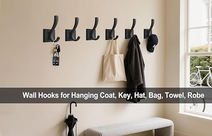 Black Towel Hooks, Coat Robe Hooks Bathroom Entryway Mudroom Pool Hooks for Wall Mount Hanging Towels Bathrobe Key Hat Backpack (2 Pack, Black)