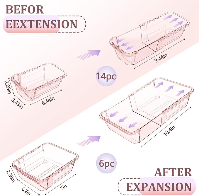 20 Pcs Adjustable Clear Drawer Organizer, All Extendable Vanity Storage Bins, Desk Drawer Organizer Set for Makeup, Cosmetics, Bedroom, and Gadgets, Pink