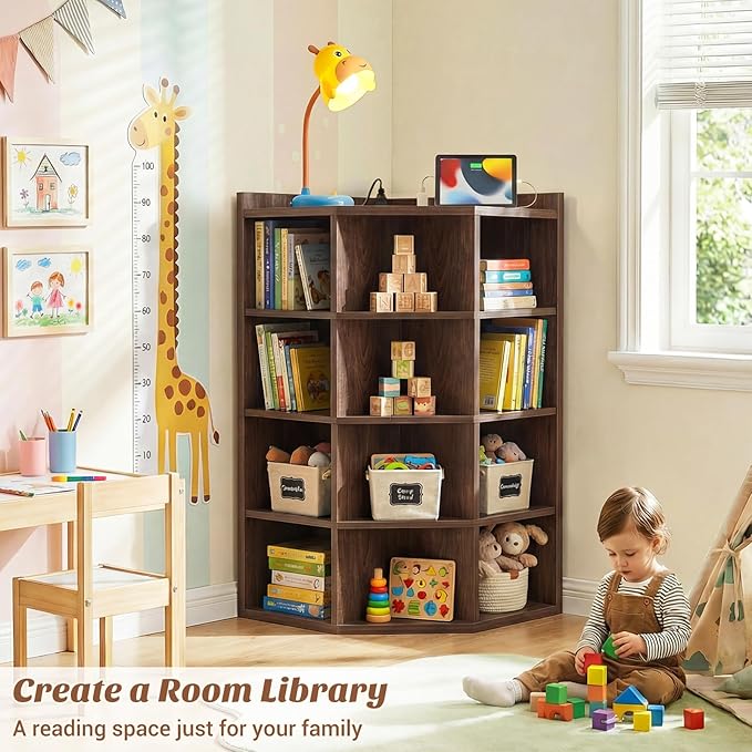 Aheaplus Corner Cabinet, 5-Tier Corner Bookshelf with Power Outlets, Corner Cube Storage Shelf with Top Table, Wooden L Shaped Cubby Toy Storage for Home Office, Bedroom, Living Room, Black Walnut