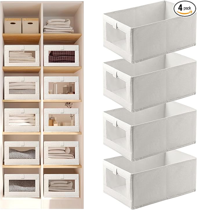 Linen Closet Organizers and Storage, 4 Pack Storage Bins Linen Clothing Organizer Baskets with Mesh Window, Foldable Closet Organizer for Clothing, Towels, Toys, Nursery, Books, Shelves (Beige)