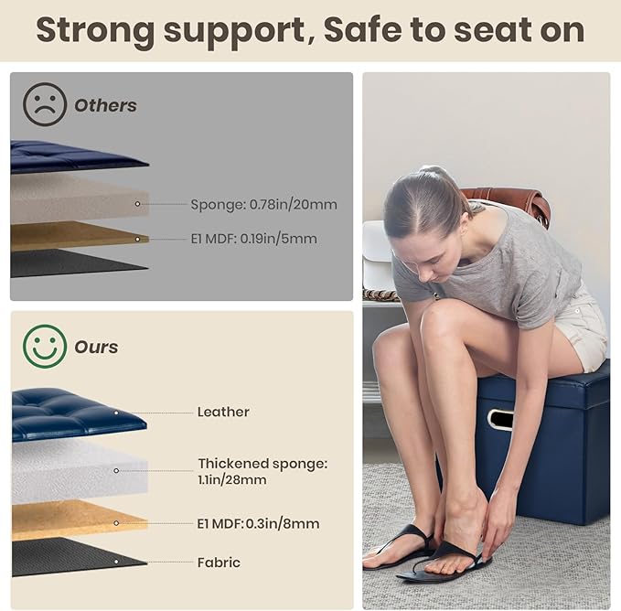 COSYLAND Storage Ottoman 17x13x13in Leather Ottoman Rectangle Footrest Footstool Folding Ottoman for Room Dorm Small Collapsible Bench Seat Organizer Entryway Furniture with Handles Lid Royal Blue