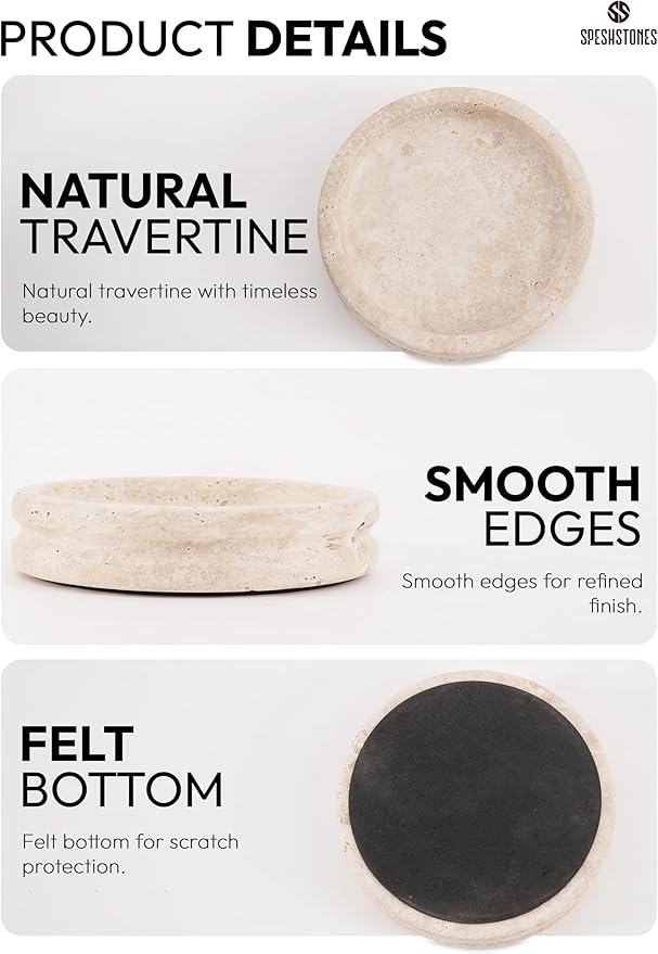 Marble Jewelry Dish 5 Inch Handmade Travertine Ring Holder - Trinket Tray for Vanity & Aesthetic Room Decor, Stone Key & Candle Plate for Entryway Table