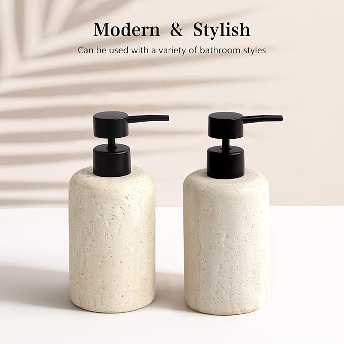 2pcs/Set Hand Soap Dispenser Sets - 10.8oz Refillable Resin Liquid Soap Dispensers with Rust-Proof Pump for Bathroom Countertop or Kitchen, Faux Travertine