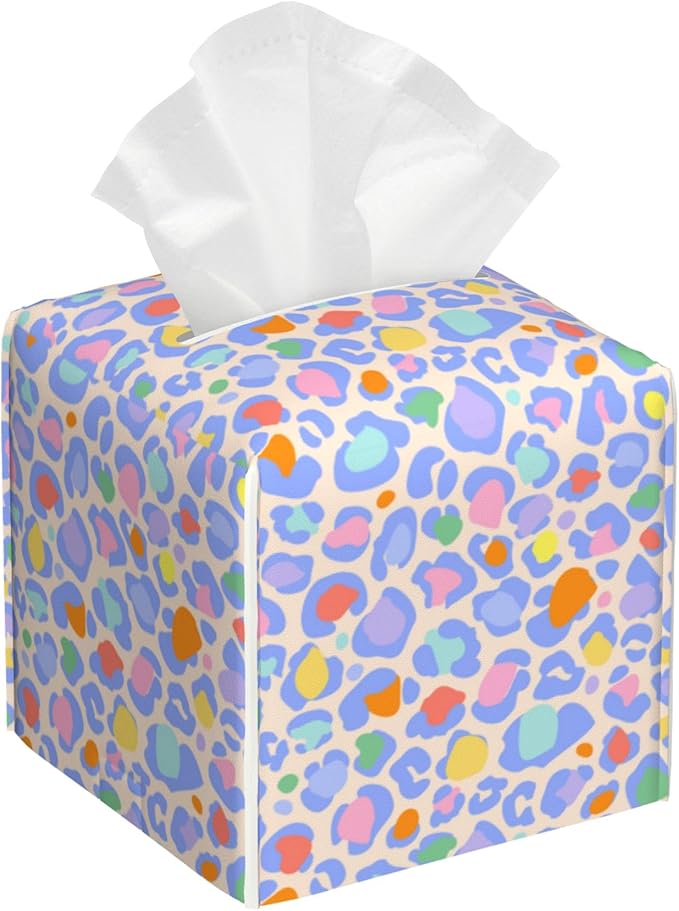 Tissue Box Cover Rainbow Leopard Skin Leather Tissue Box Holder Cube Paper Case Cover Facial Paper Organizer Dispenser for Bathroom, Vanity Countertop, Office Desk
