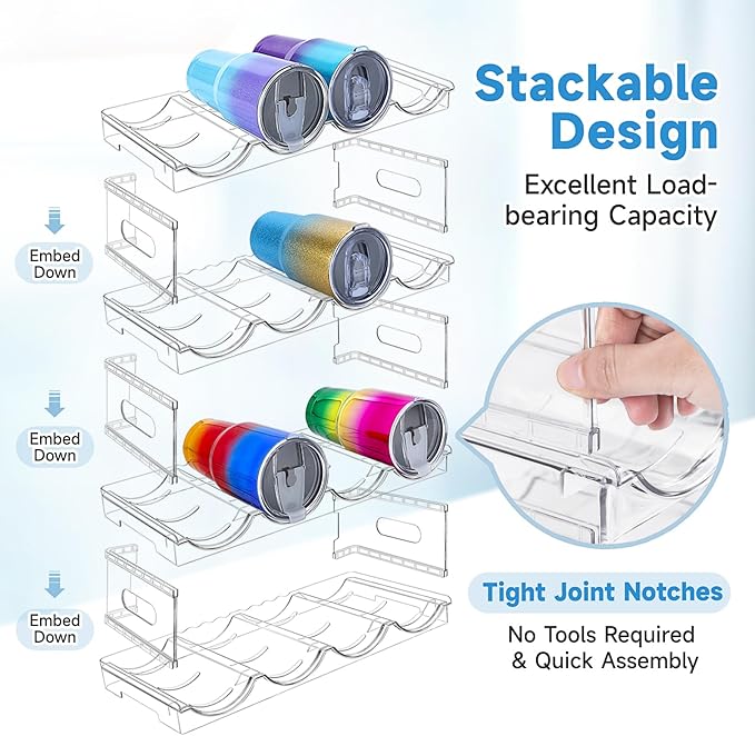Large Compartment Water Bottle Organizer,4 Tier Stackable Water Bottle Rack for Cabinet,Tumbler Storage Organizer for Kitchen,Fridge,Cabinet Organization and Storage,Clear Water Bottle Storage Rack