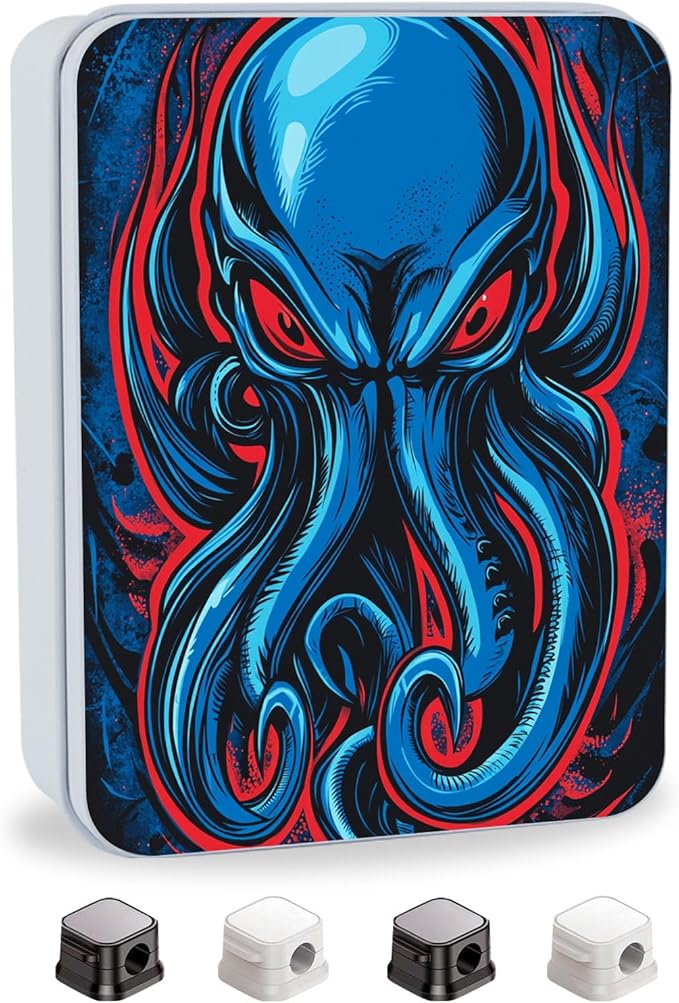 Metal Tin Box with Lid,Multi-functional Storage Large Box Can Store Tea Biscuits Game Cards, Playing & Tarot Cards-Comes with 4 Magnetic Cord Clips,Blue Cthulhu Skull