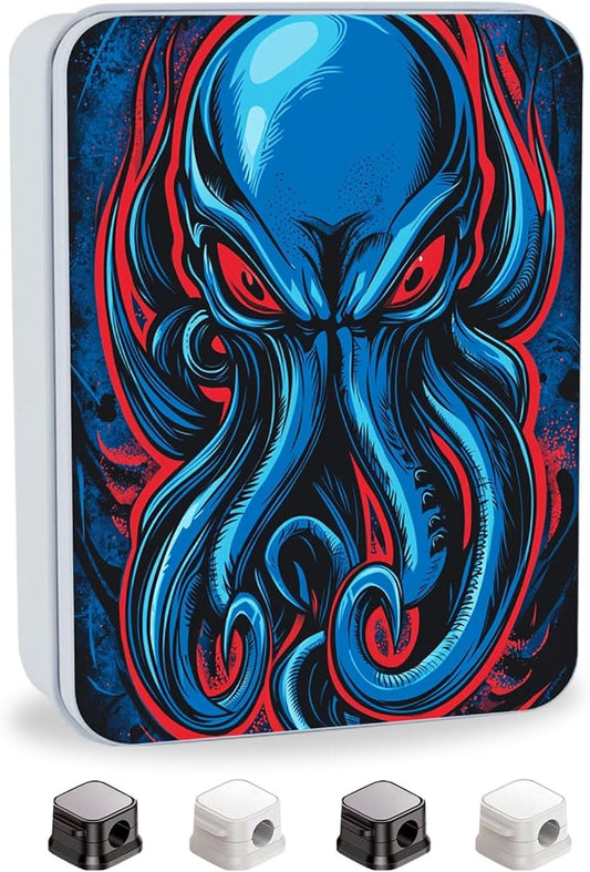 Metal Tin Box with Lid,Multi-functional Storage Large Box Can Store Tea Biscuits Game Cards, Playing & Tarot Cards-Comes with 4 Magnetic Cord Clips,Blue Cthulhu Skull