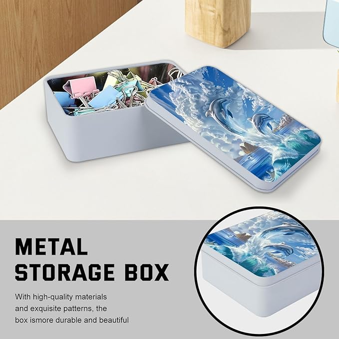 Metal Tin Box with Lid,Multi-functional Storage Large Box Can Store Tea Biscuits Game Cards, Playing & Tarot Cards-Comes with 4 Magnetic Cord Clips,Cute Dolphins