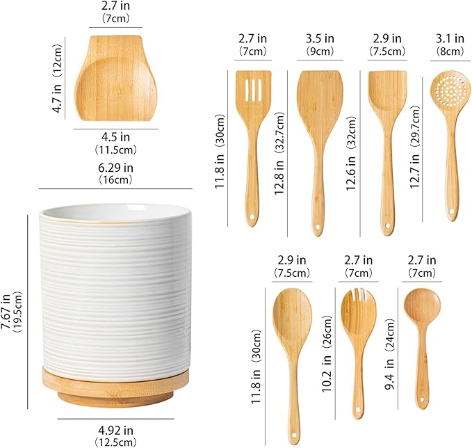 Utensil Holder, Ceramic Kitchen Spatula Holder For Countertop, 7.6" Large Utensil Organizer for Spoon, 360° Rotating Cooking Utensil Crocks Farmhouse Kitchen Counter Decor 9 Pcs White