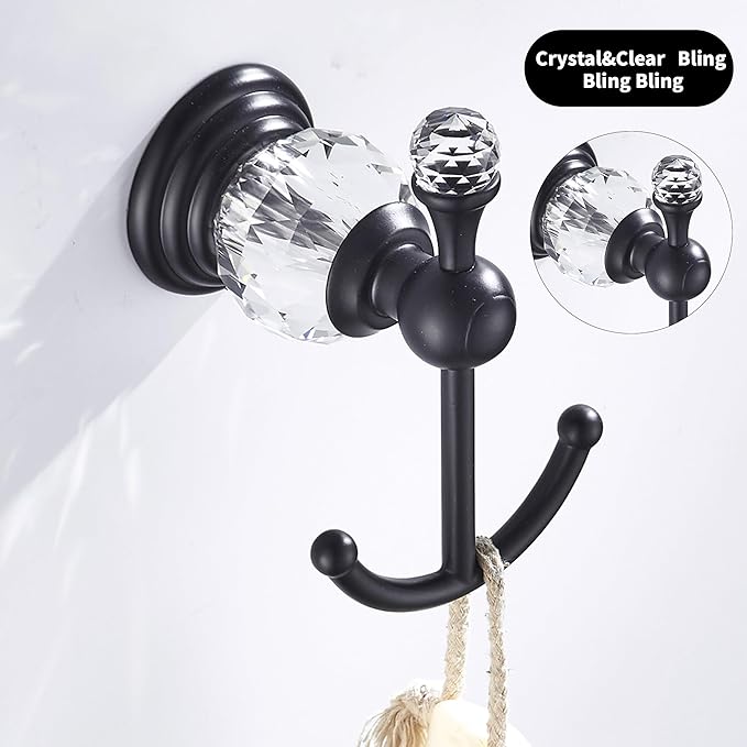 Crystal Black Towel Hook, Bathroom Robe Hook, Coat Rack Hanger Heavy Sturdy Double Towel Hooks Bath Farmhouse Clothes Hook Wall Mounted Modern for Bathroom Kitchen Washroom
