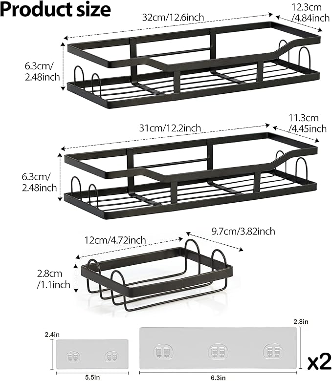 Premium 3 Pack Shower Caddy , Adhesive Bathroom Organizer And Storage Shelves , Rustproof Stainless Steel Shower Shelves With Large Capacity , Home & Kitchen Decor , No Drill , Space-Saving Design
