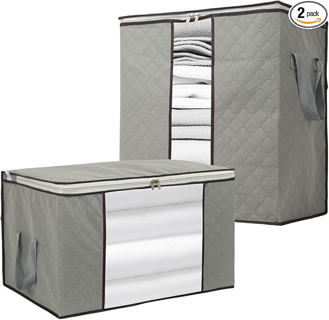 Szxc 2 Pack Foldable Large Storage Bags - Horizontal + Erect for Comforter Blanket Quilt Clothes Pillow, Clear Window & Handles, Closet Under Bed Organizer