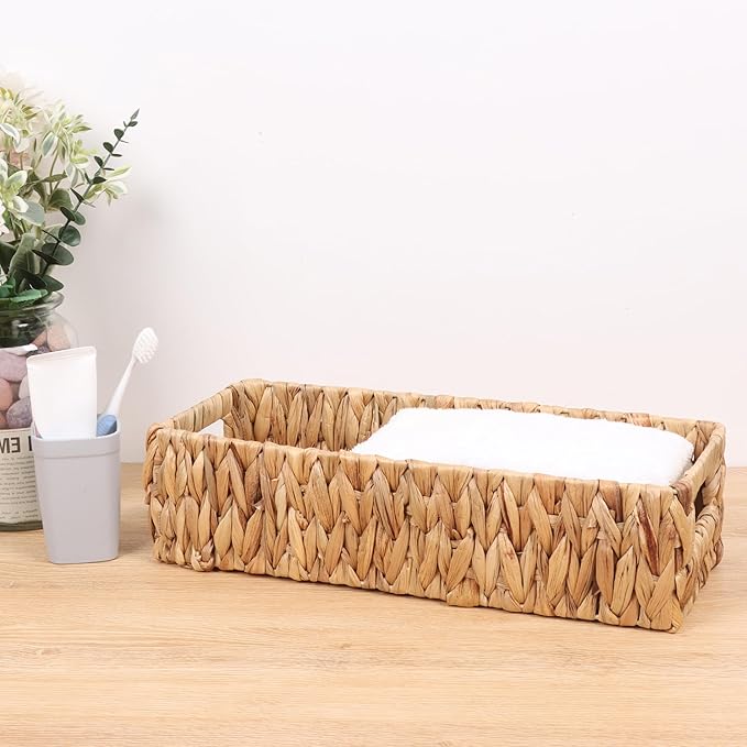 Wicker Storage Baskets with Handle Water Hyacinth Basket for Organizing Decorative Storage Bins for Countertop Toilet Tank Boho Rectangular Home Organizer (Natural, Set of 2)